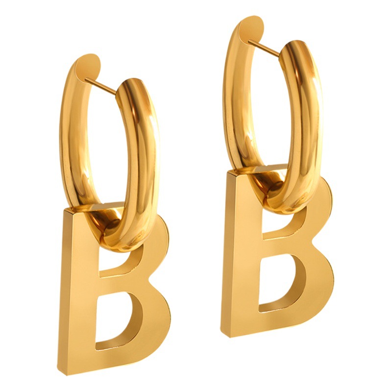 Personalizado exagerado creativo oro letra B estilo europeo y americano pendientes geométricos fabricante en stock titanio acero chapado en oro joyería del oído