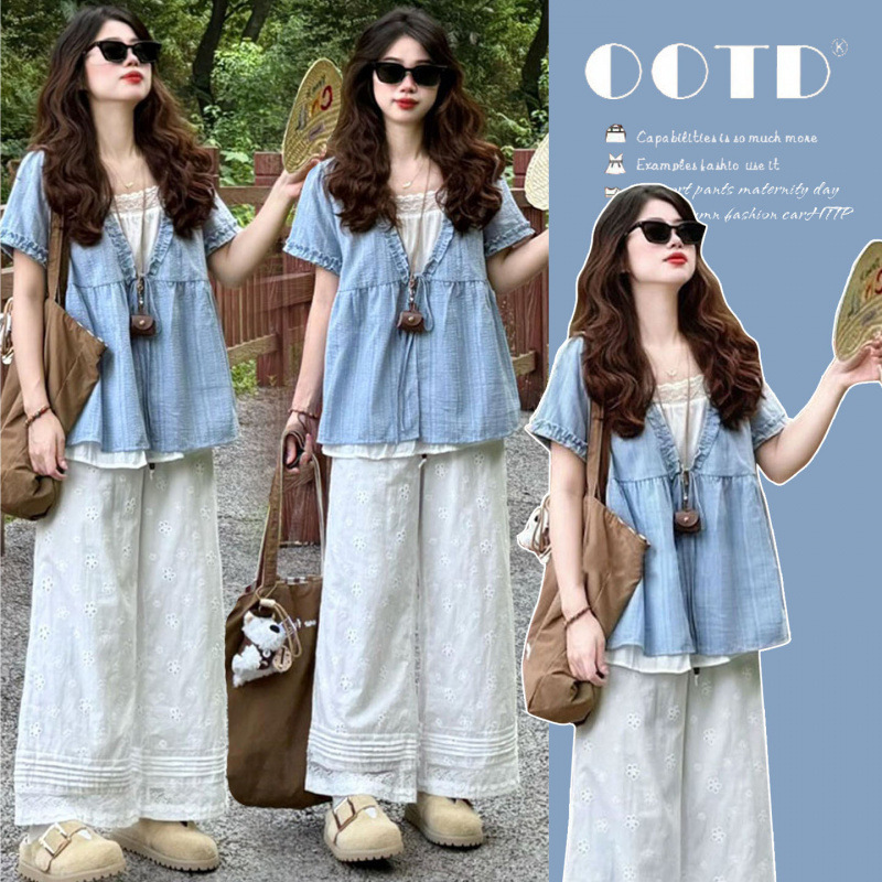 Maternity Wear 2026 Spring New Korean Style Fashion Jacquard Hollow-Out Faux Two-Piece Top + Straight-Leg Pants Maternity Set