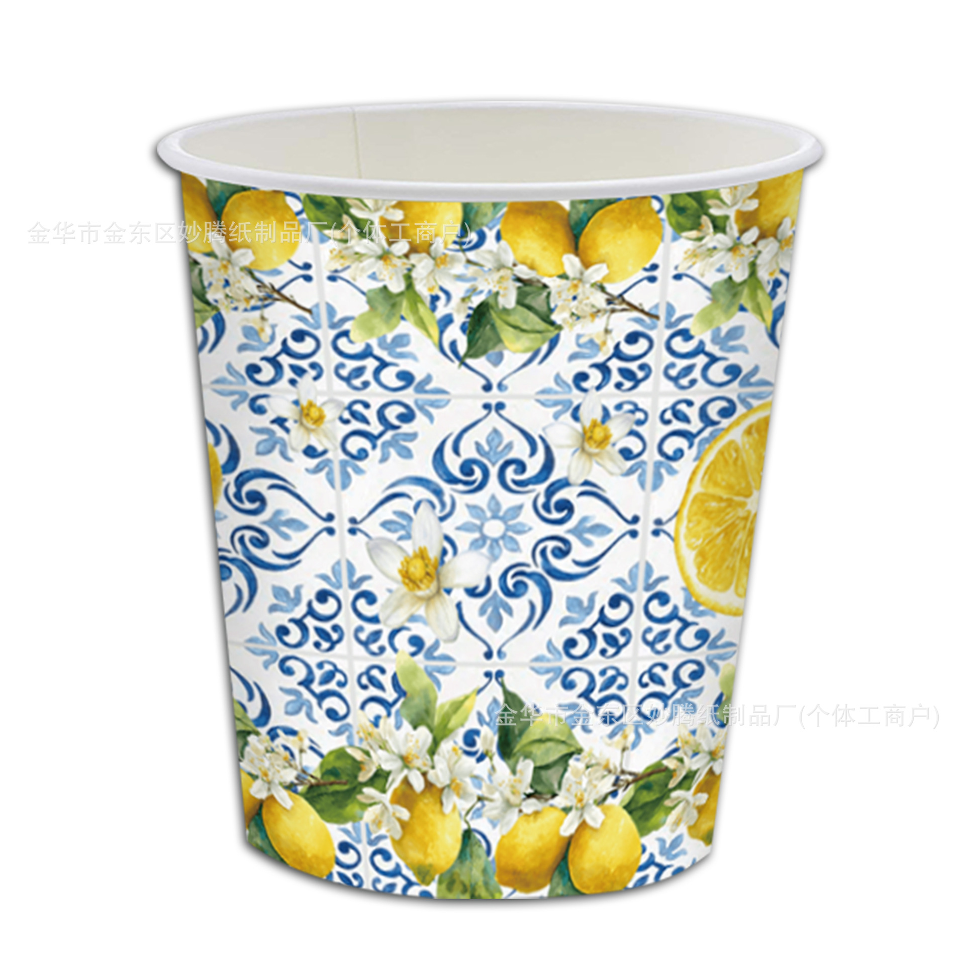 Retrógrado azul y flor de frutas, fiesta familiar, mesa, taza de papel, toallas, conjunto de bandeja de papel desechable