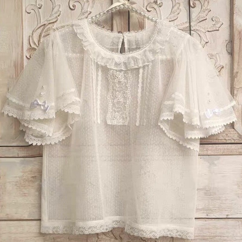 Lolita Short-Sleeved Top, Palace-Style Sheer Lace Flutter-Sleeve Base Layer Jsk Lolita Inner Shirt Lolita Short-Sleeved Top, Palace-Style Sheer Lace Flutter-Sleeve Base Layer Jsk Lolita Inner Shirt