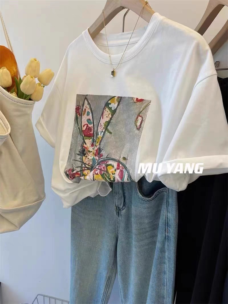 2023夏季新款宽松胖妹妹mm大码纯棉体恤设计感小众潮牌重磅棉T恤