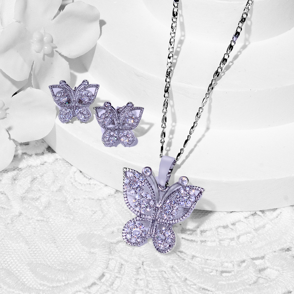 2024 moda mariposa diseño pendientes de zircón collar conjunto de joyería para mujeres hermosas pendientes colgante dos piezas conjunto