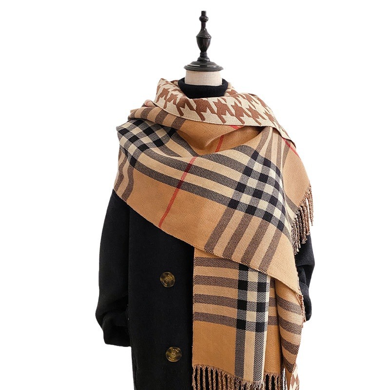Autumn Winter Korean Edition Thousand Bird Grid Scarf Women's Versatile Long Thickened and Warm Imitation Wool Fleece_voghion.com