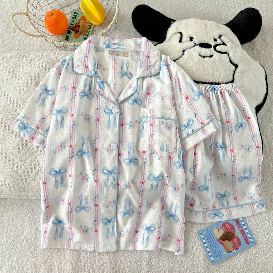Pijamas al por mayor transfronterizos traje de verano para mujer cárdigan de solapa dulce pantalones cortos delgados de manga corta ropa de hogar de espuma para estudiantes