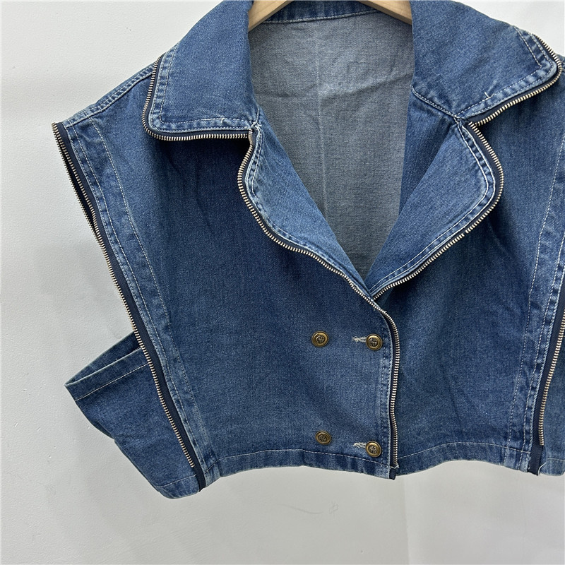 Estilo americano estilo callejero estilo de moda traje cuello corto chaleco de vaqueros hombre pequeño alto doble hebilla cremallera clips caballo