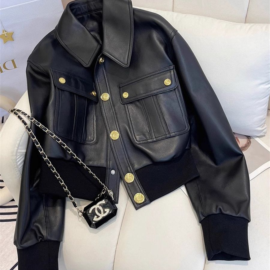 2025 Motorcycle Style Design Black Lapel Pu Leather Short Jacket Women's Motorcycle Leather Jacket Top Jacket Women