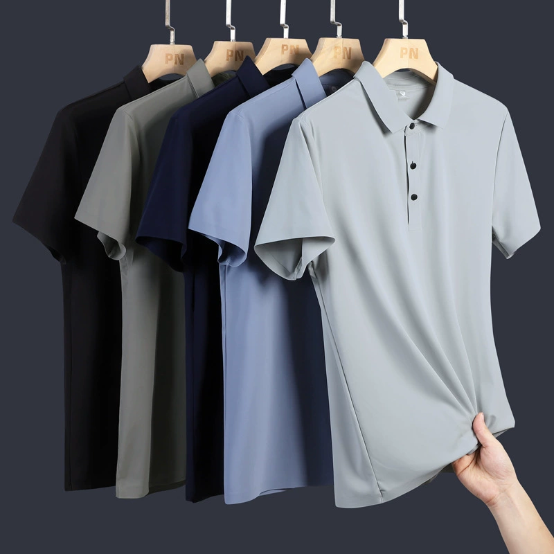 Легкая Роскошная бесшовная футболка с прессовым клеем Ice Silk, мужская рубашка-поло с короткими рукавами, высокоэластичная, не гладящая, Мужская футболка в вертикальном стиле, топ с лацканами