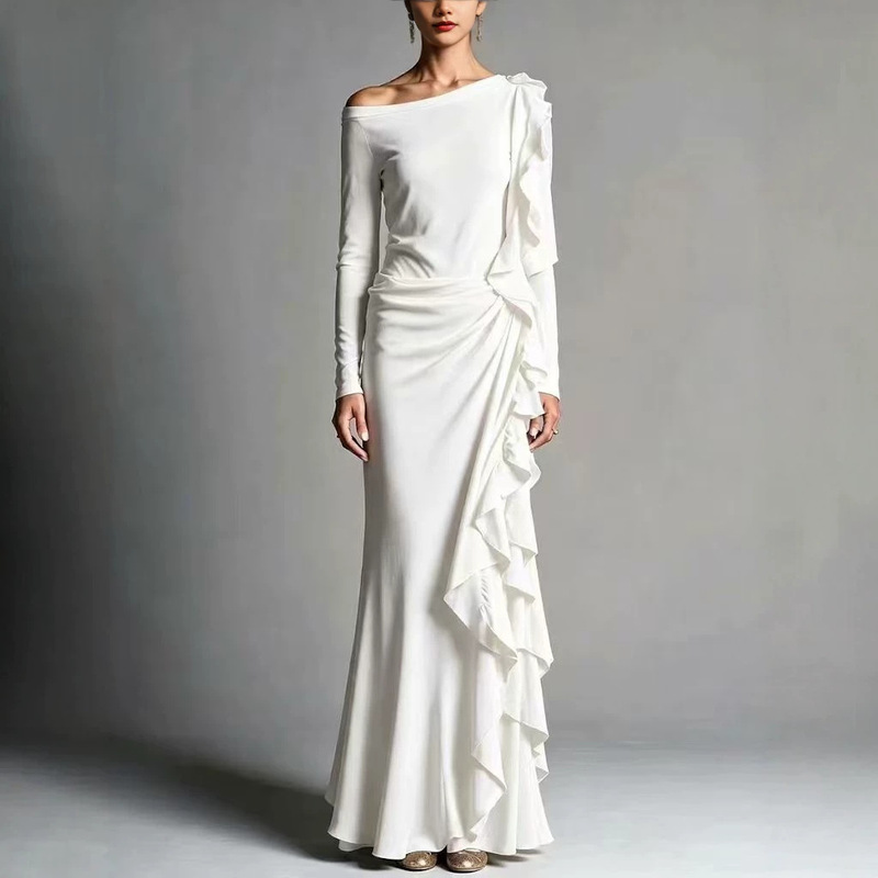 2026 European and American style new off-shoulder ruffled waist-slimming elegant long dress solid color evening gown