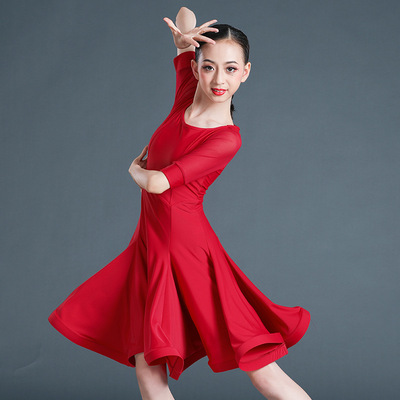 Children girls Black red navy ballroom latin dance dresses for kids Rumba practice clothes children performance clothes Latin dance costumes regulation clothes