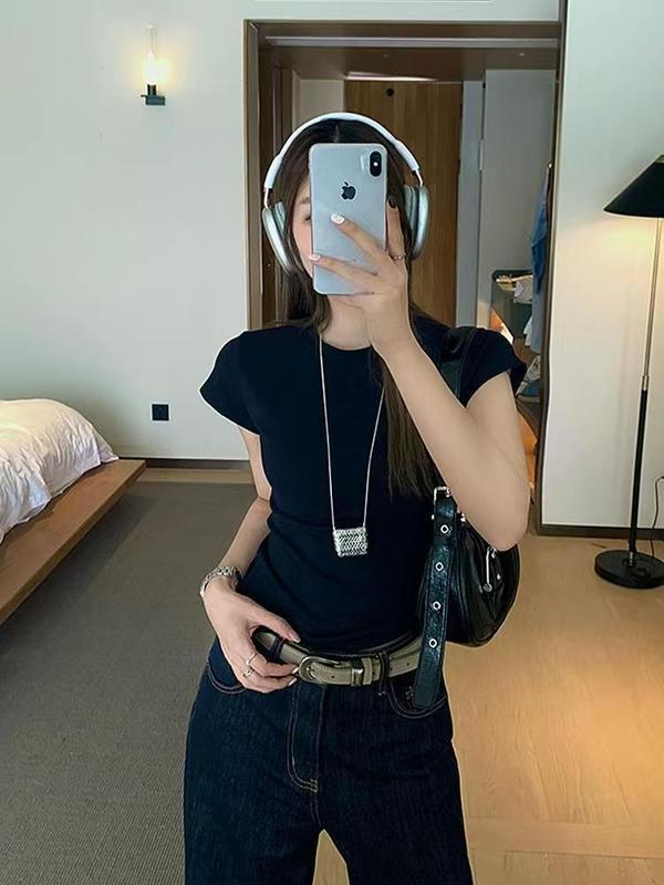 韩系正肩修身短袖T恤女2025夏季新款掐腰短款显瘦女装ins红色上衣|undefined