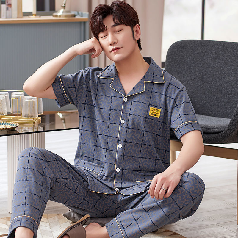 Pijamas de hombre ropa de verano 100% algodón pantalones de manga corta chaqueta juvenil traje de homewear delgado de mediana edad