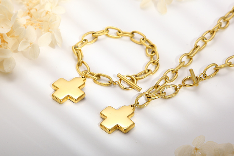 accessories sweater chain cross pendant necklace stainless steel bracelet OT buckle set