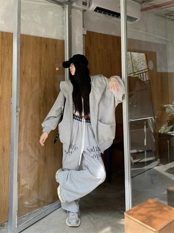 スポーツスーツの女性のゆるいガードルのコートの女装の春と秋のゆるいワイドレギンスのカジュアルなズボンの怠惰な風の2つのセット|undefined