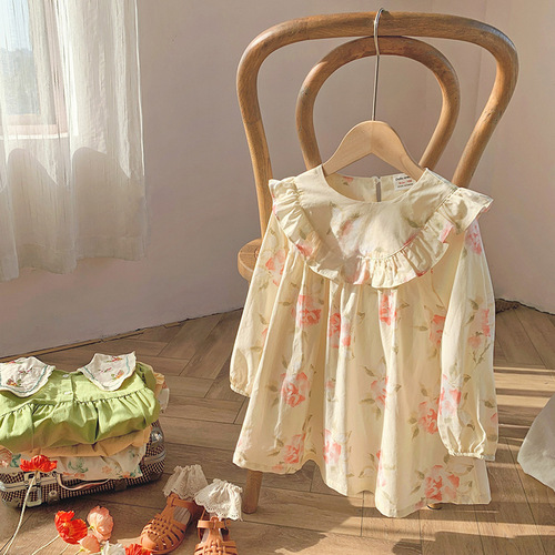Korean Children's Embroidered Petal Edge Girl's Dress 2024 Spring Flower Print Sweet Children's Skirt Gentle New Arrival