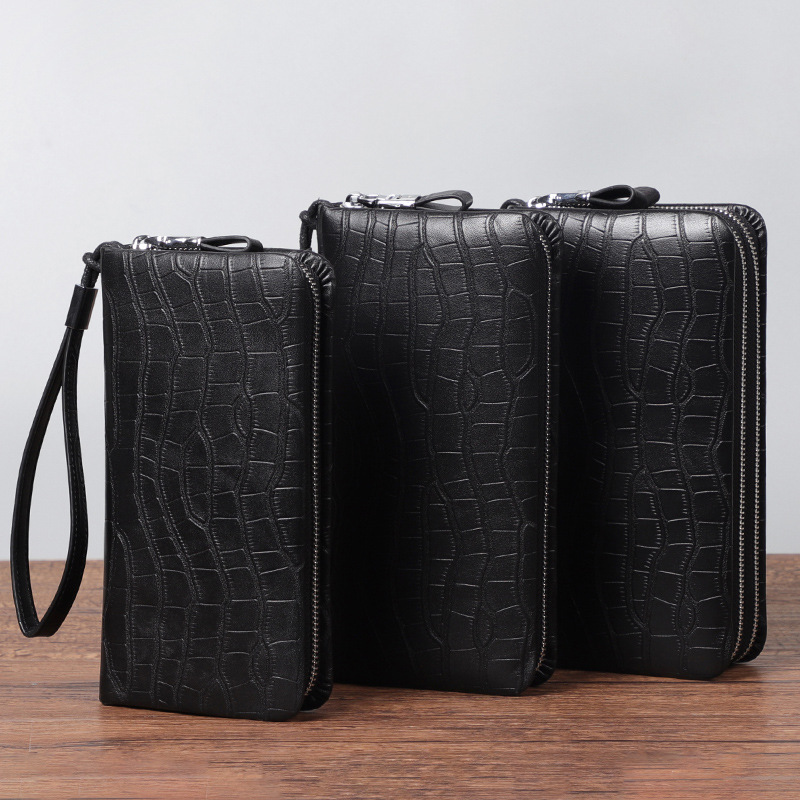 Crocodile Pattern Men's Wallet Genuine Leather Double Zipper Long Men's Wallet Multi-Card Holder Wallet Top-Layer Cowhide Clutch