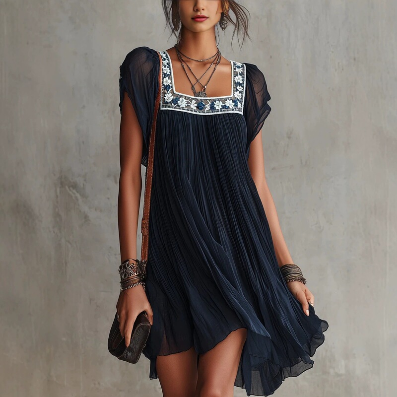2026 Summer Square Neck Colorful Floral Embroidery Short Sleeve Pleated Loose Bohemian Vacation Short Dress