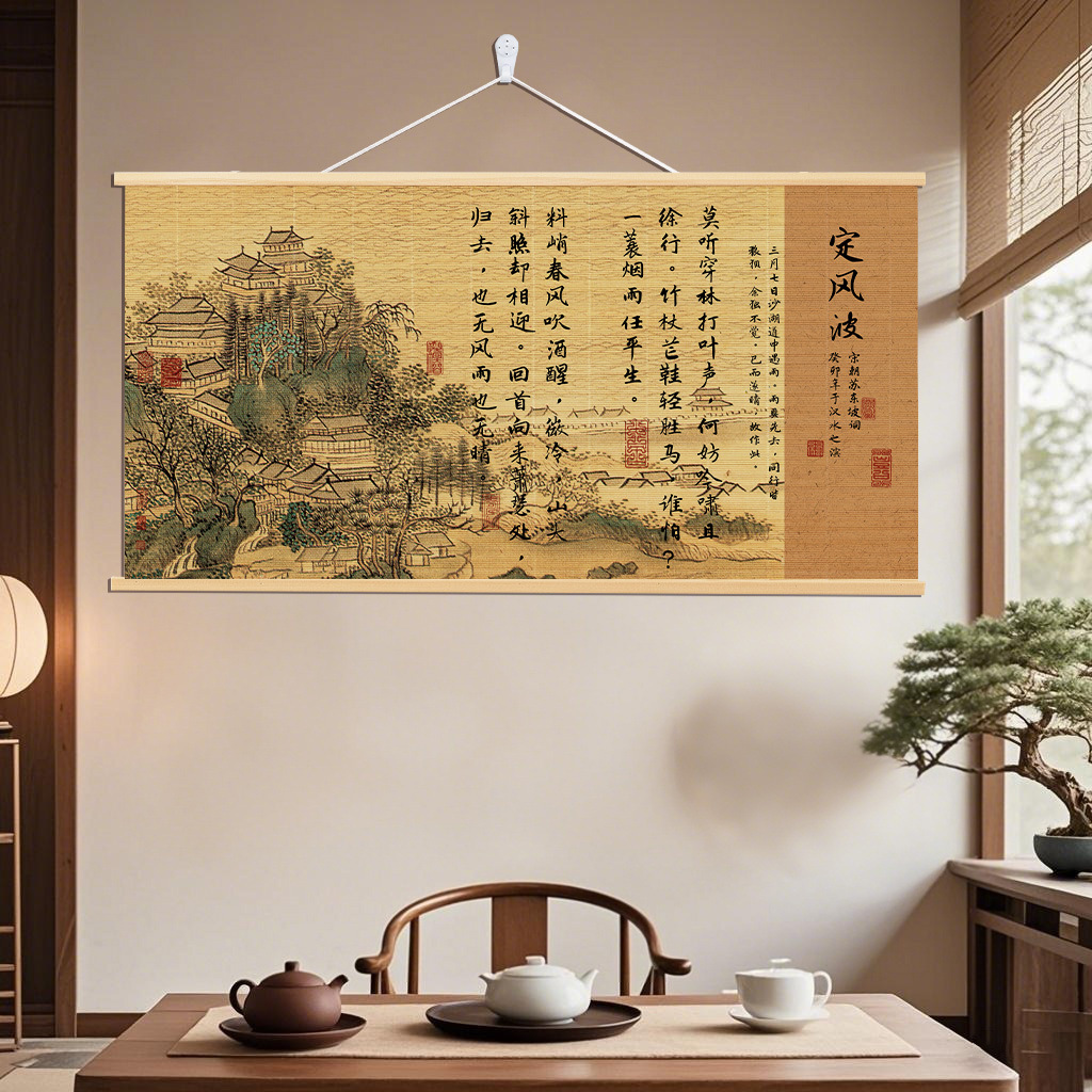 Calligraphy and Painting Bamboo Curtain Hanging Painting Tea Room Background Layout Scroll Hanging Painting Decorative Painting Living Room Office Bamboo Painting