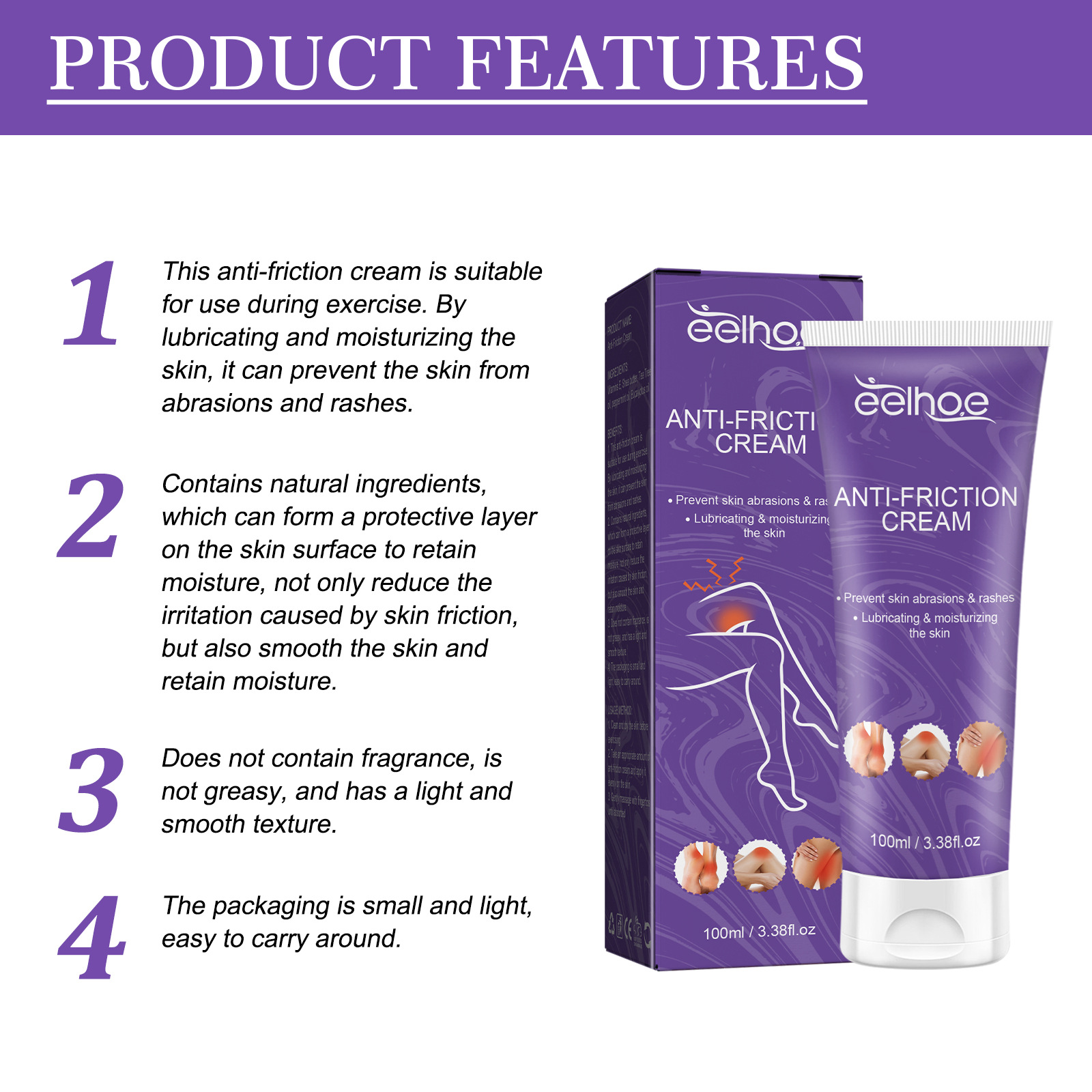 EELHOE krema proti trenju za pete, notranjo stran stegen, roke, kožo telesa, odrgnine, krema za telo proti trenju_voghion.com