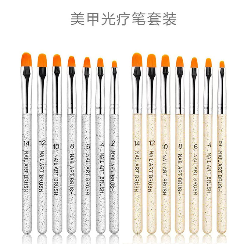 Factory Supply Glitter Transparent Tongue-Shaped Phototherapy Pen Nail Art Pen Set of 7 Paint Brushes Nail Art Brushes