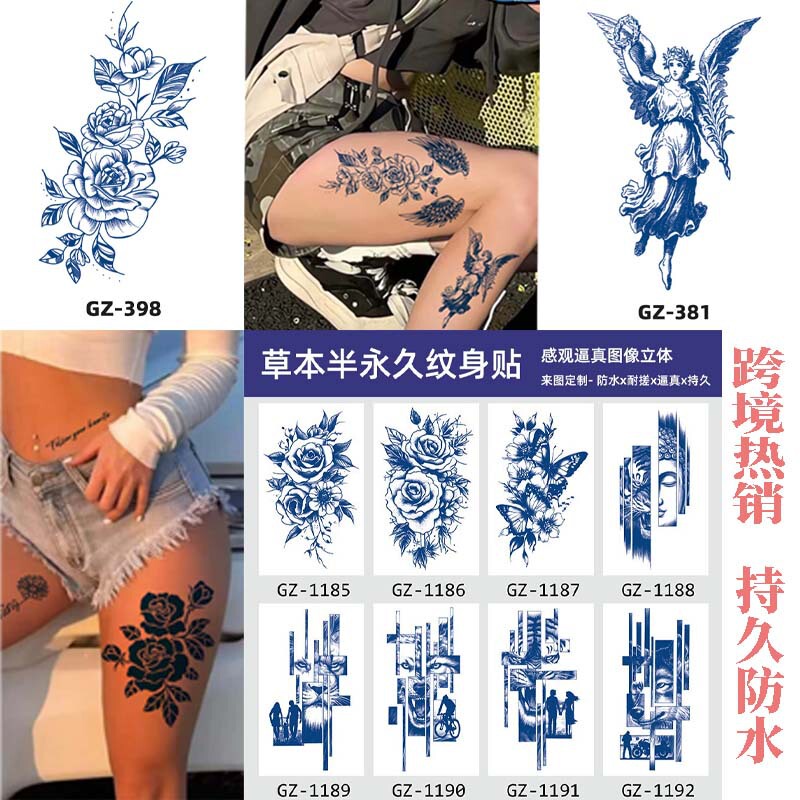 Herbal Semi-Permanent Tattoo Stickers Juice Half-Arm Letter Animal Semi-Permanent Artificial Tattoo Blue and White Arm Tattoo Stickers