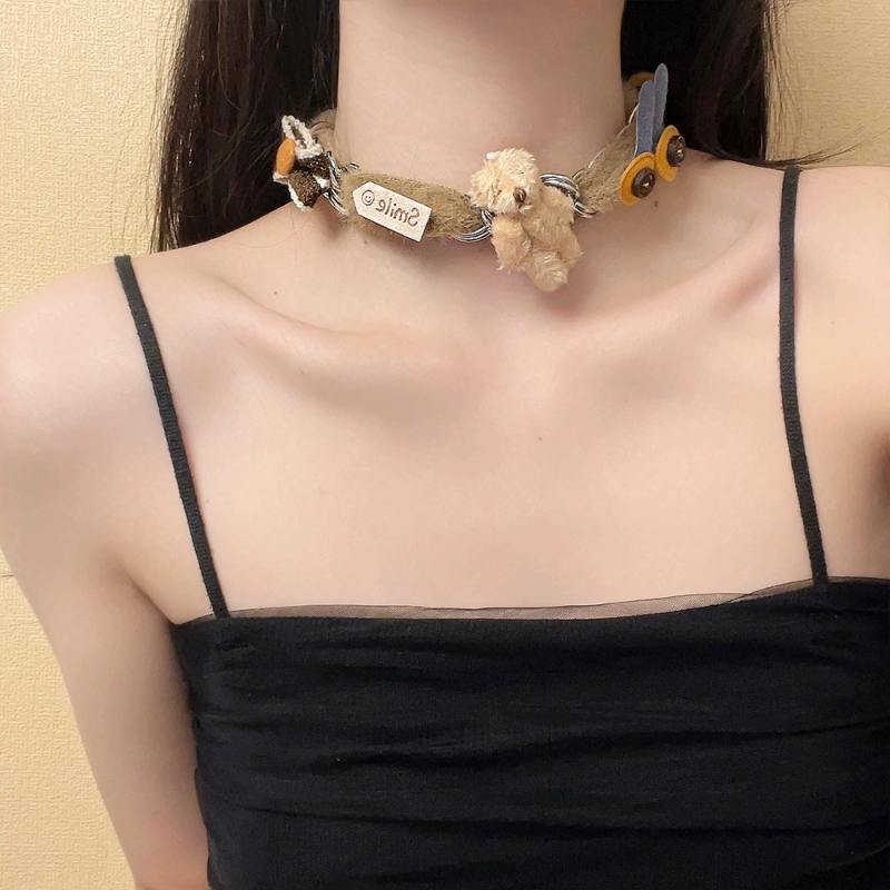 童趣卡通毛绒小熊兔子布艺项链复古可爱甜酷百搭小众锁骨链颈链女