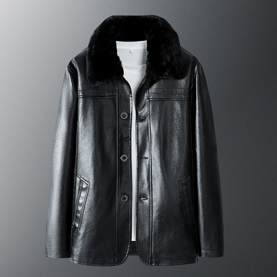 冬季爸爸装皮衣男款PU皮夹克男中老年商务毛领加绒加厚爷爷装大版|ru