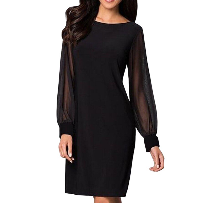 European and American Spring & Fall New Round Neck Black Chiffon Stitching Simple Elegant Commuter Long-sleeved Dress Mid-skirt Dress for Women