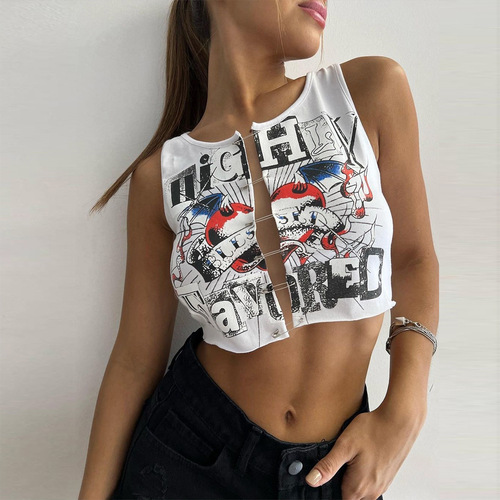 7832TG Freete  summer new product AliExpress street navel printed cardigan pin-up vest for women