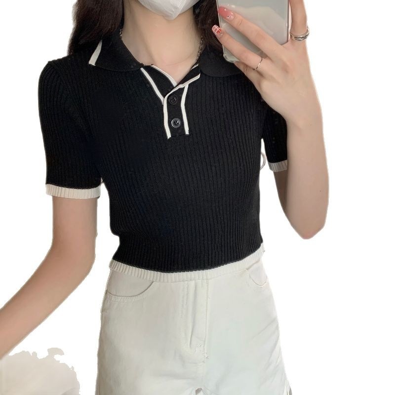 韓国版正肩polo襟ニット半袖tシャツ夏の修身デザイン感