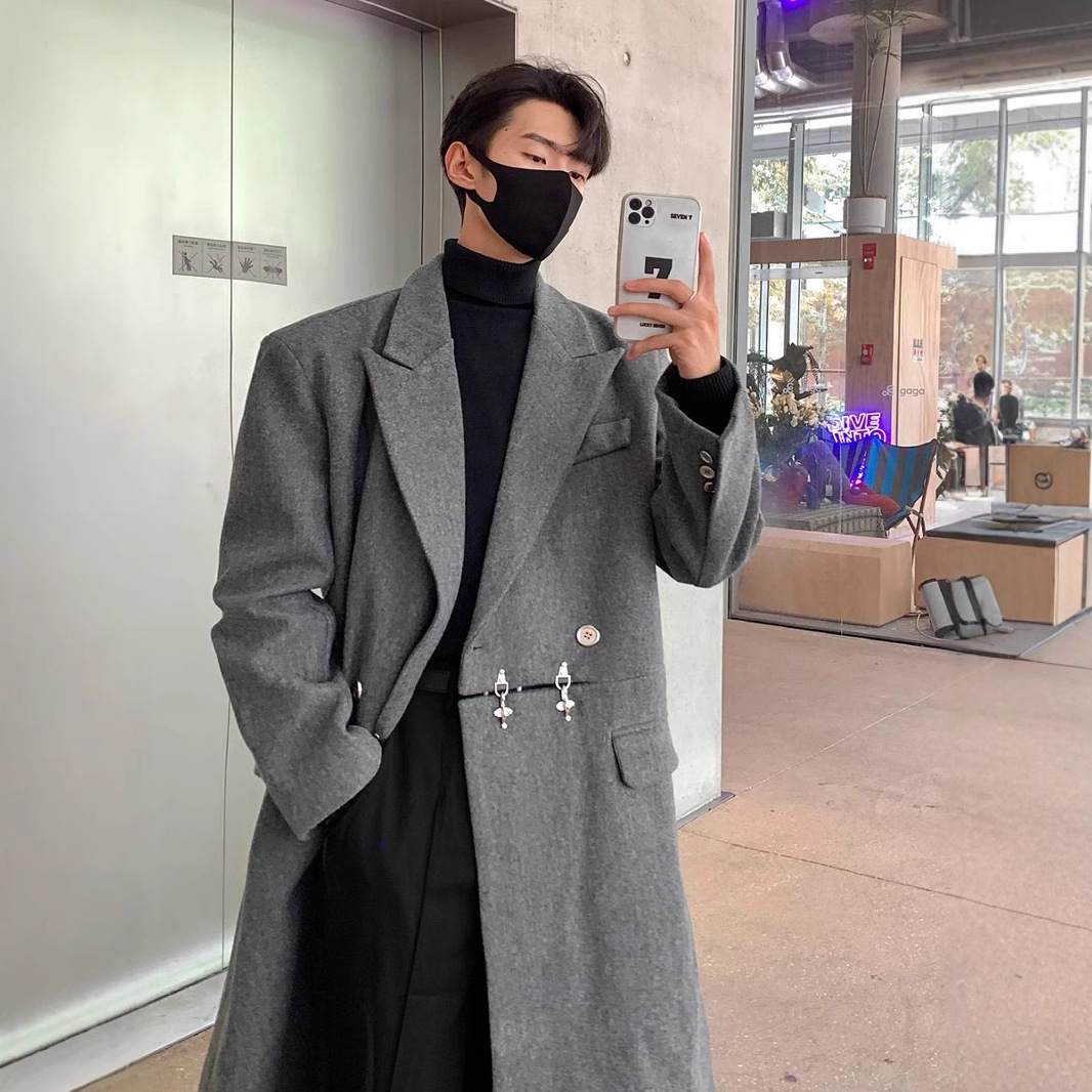 세트 칼라 울 코트 남자 2024 가을 겨울 새로운 유행 브랜드 하이 엔드 센스 더피 안 핸섬 롱 코트 패션