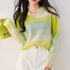 馬海毛混紡グラデーションセーター女性韓国版chi衝突色デザイン感vネック薄手2025春秋ニット