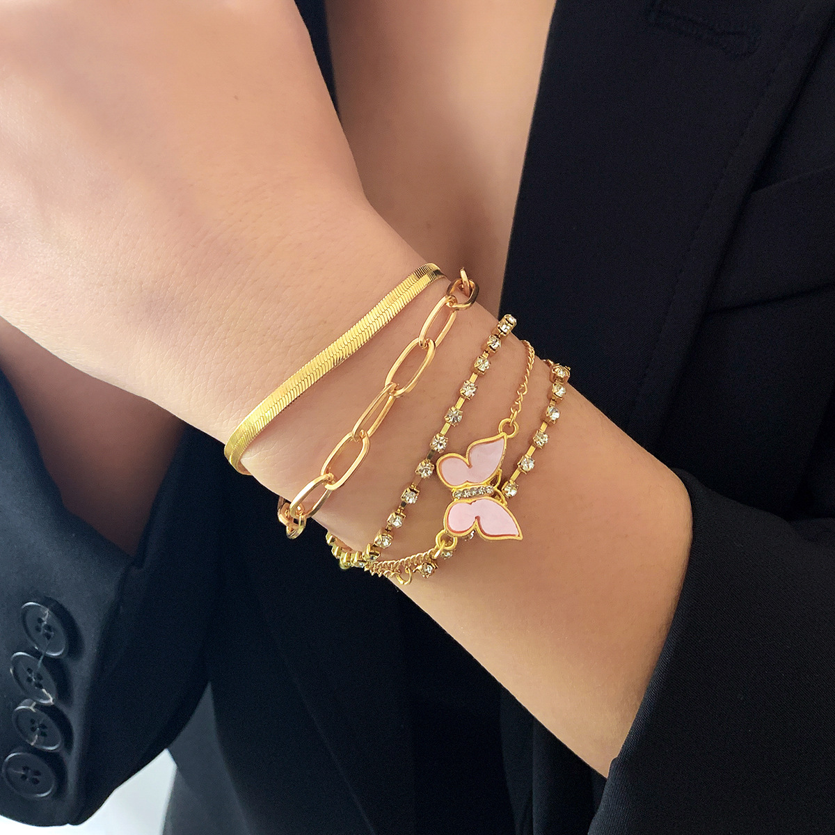 Bijoux en métal style punk avec ensemble complet de diamants et chaîne à griffes, bracelet à paillettes en os de serpent et papillon_voghion.com