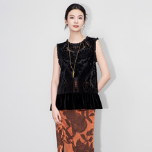 2511502-轻熟气质植绒烧花木耳边马甲南油女早秋新款上衣圆领小衫