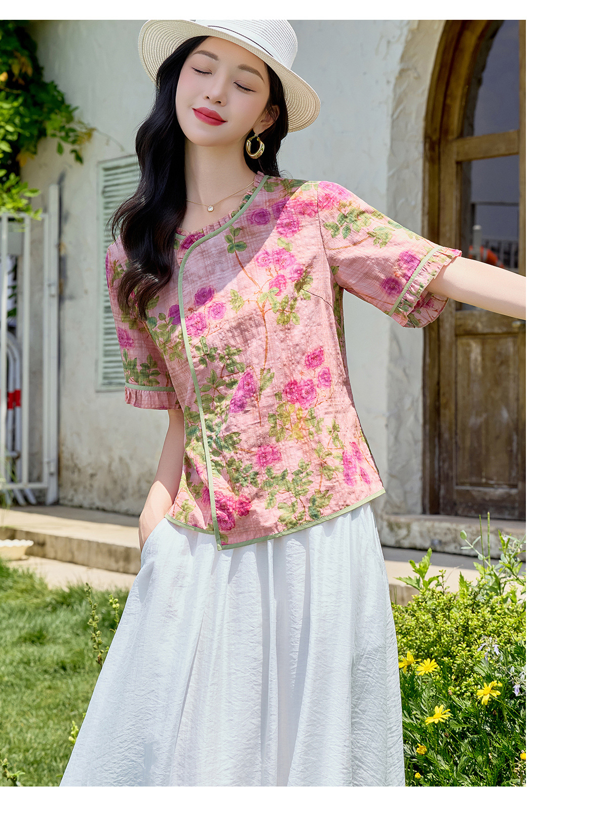 Bộ áo sơ mi in họa tiết cổ điển và chân váy thêu NI8362 — Màu ảnh chi tiết 18