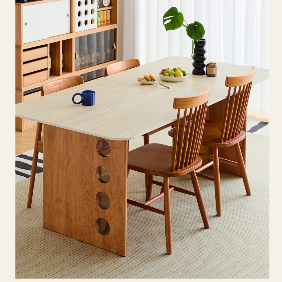 Nordic Mid-Century Style Slate Dining Table for Home Small Apartment Dining Table Cherry Wood Workbench All Solid Wood Dining Table and Chairs