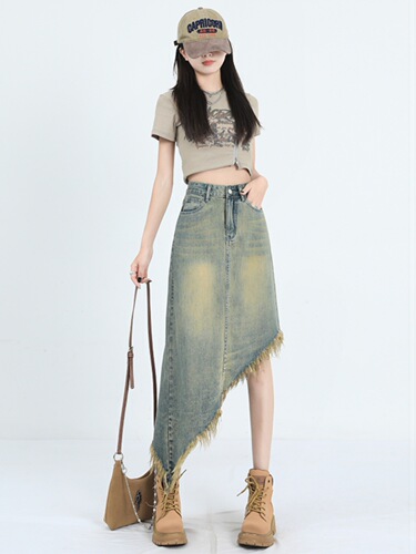 Retro high-waisted A-line denim skirt skirt for women summer irregular design long skirt for small people tassel skirt