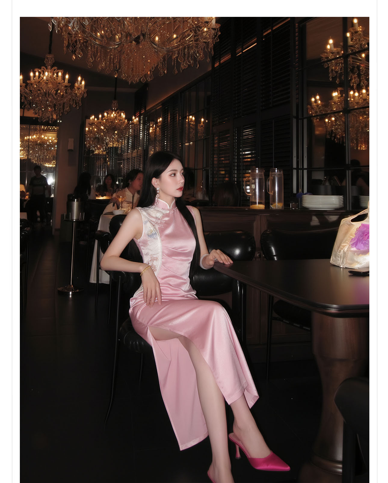 Đầm maxi nữ thắt eo cổ đứng thêu hoa phong cách Trung Hoa mùa hè — màu hồng chi tiết 3