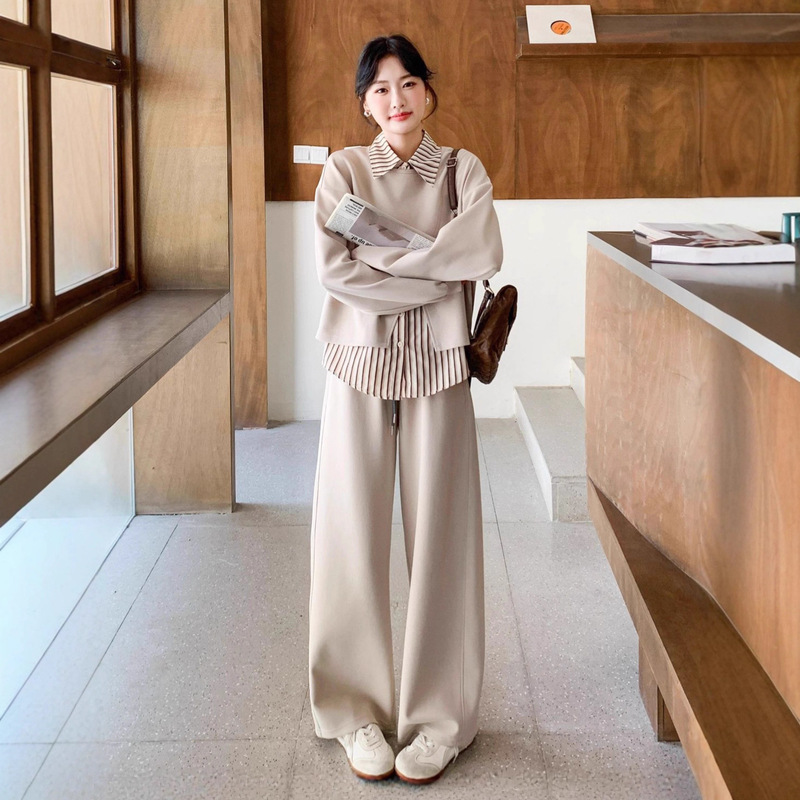 Plus-Size Women's Autumn Fashion Slimming Sweatshirt Set with Striped Shirt and Wide-Leg Pants Three-Piece Set 100kg