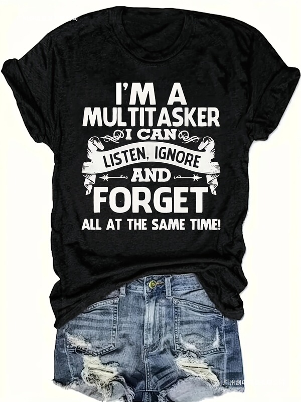 Women's Casual Short Sleeve T-Shirt - Funny Versatile Slogan Print Black and White Letter Pattern Round Neck T-Shirt