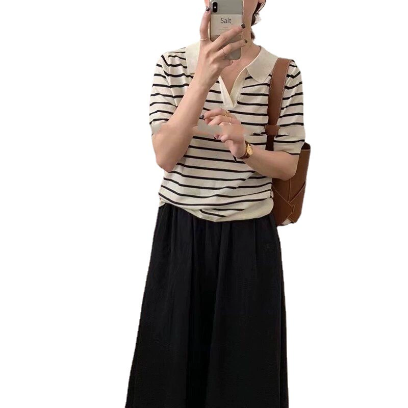 2021ins style Korean generation striped thin ice silk knitted short-sleeved lapel top