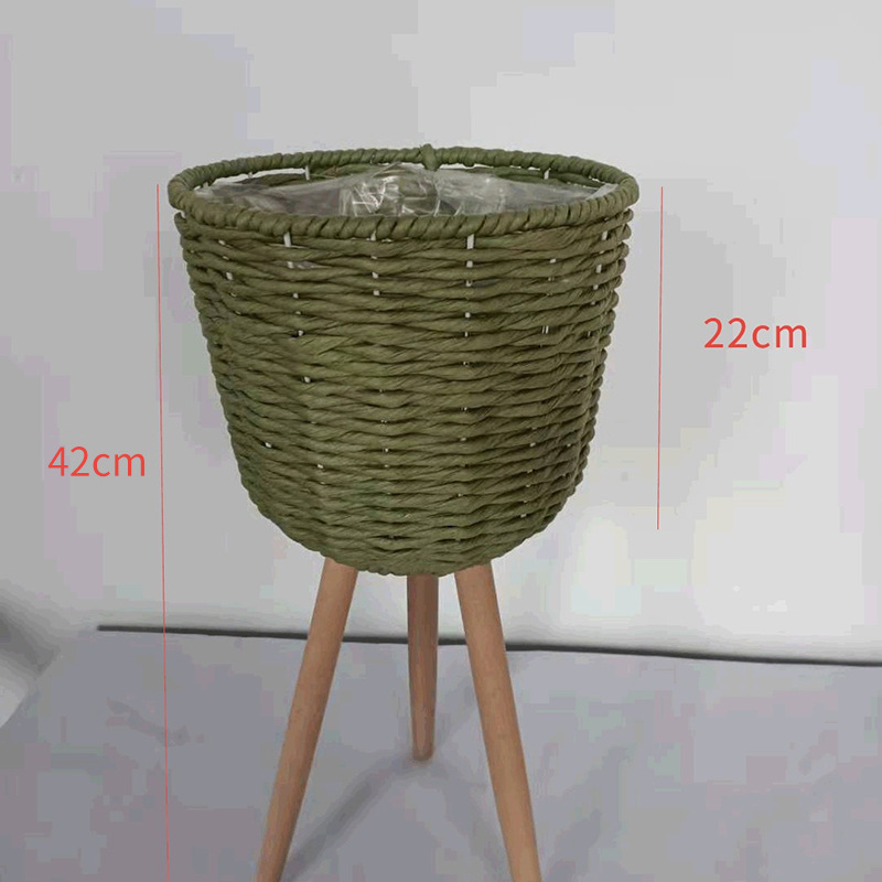 Piso de La Flor soporte de madera pierna piso flor soporte tejida flor olla sala de estar balcón decoración flor cesta paja tejido piso soporte
