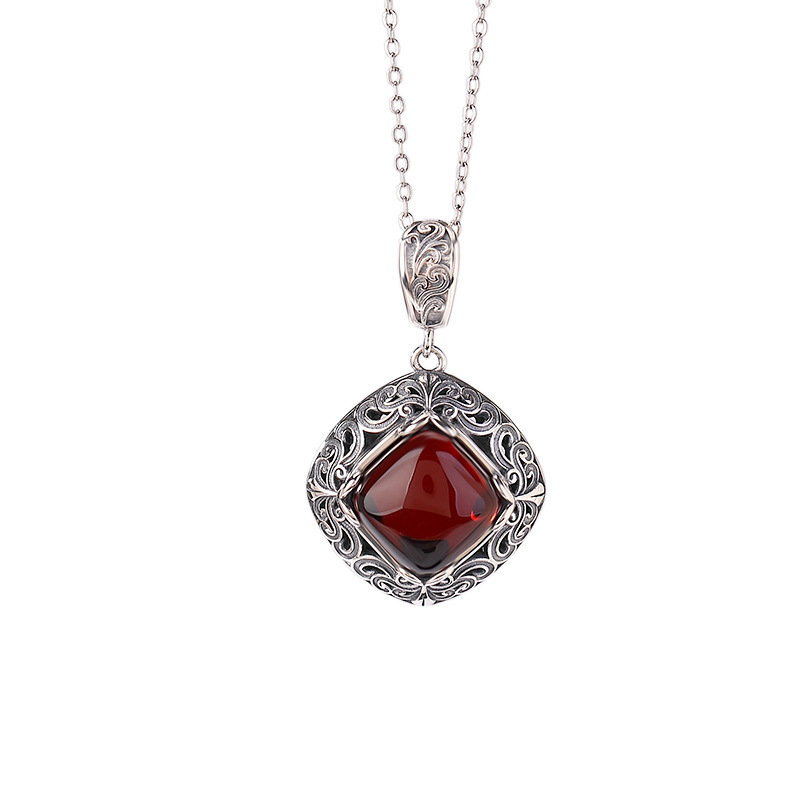 Mặt dây chuyền bạc S925 hình hươu chạm khắc rỗng, phong cách cổ điển, đính đá hổ phách — Mặt Dây chuyền đơn (không có dây chuyền)