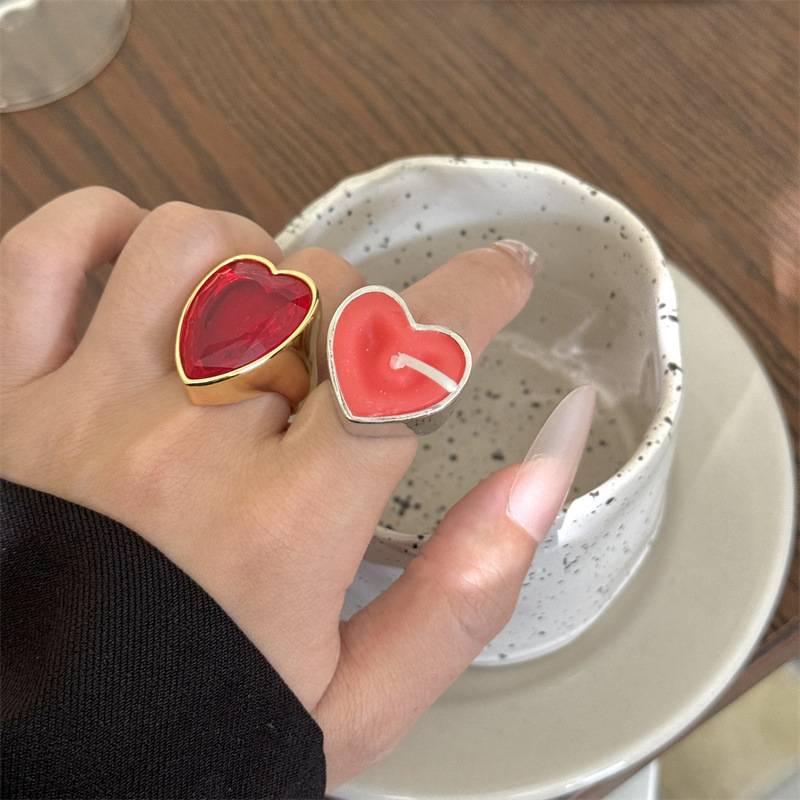 Metal Alloy Candle Ring Ins Stylish Cool Style Heart Gemstone Diamond Wide Version Stacked Index Finger Ring