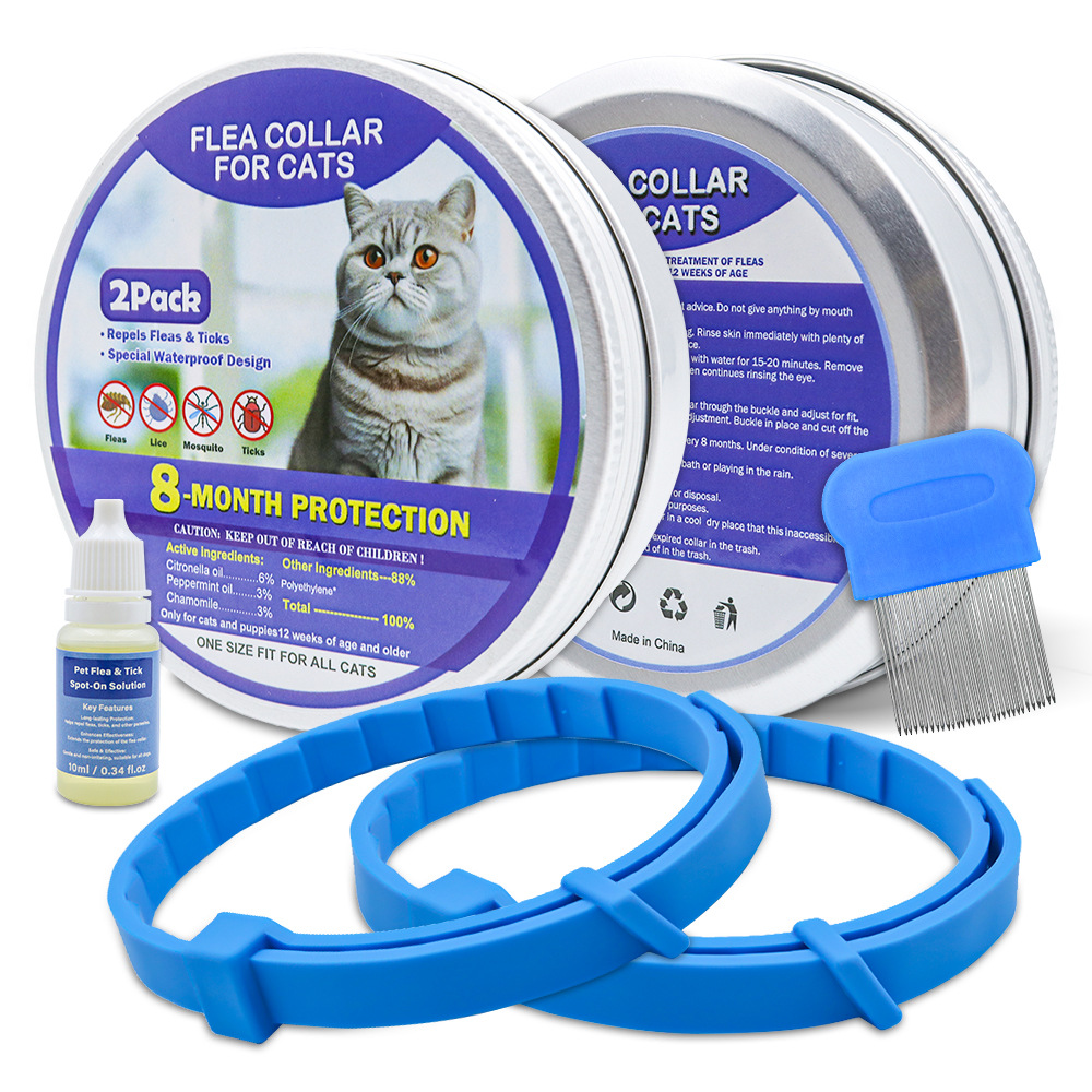 파란색 고양이 목걸이 2개 + 빗 + 에센셜 오일 10ml