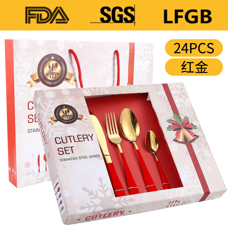 Amazon popular vajilla de acero inoxidable 24 piezas traje 1012 cuatro piezas principales cuchillo de comida occidental, tenedor y cuchara traje de caja de regalo de Navidad