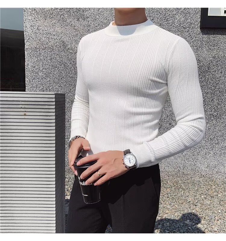 Men's British Style Slim Fit Turtleneck Sweater Korean Style Knitwear Casual Striped Base Layer Autumn New Versatile_viptrois.com