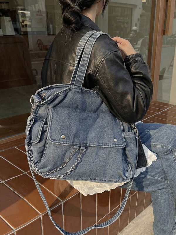 Bolso coreano de lavado con agua Jeans Buttot para mujeres 2026 nuevo tipo transfronterizo de bolso de hombro casual de gran capacidad