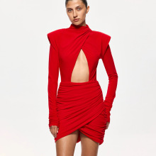 亚马逊跨境女装时尚镂空设计修身垫肩长袖包臀连衣裙纯色气质短裙