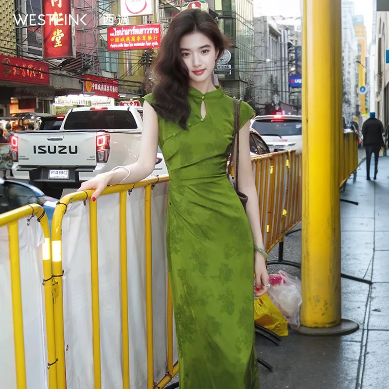 Xiyu New Chinese Style Improved Cheongsam Women's 2025 Summer New Jacquard Water Drop Collar Slim Sleeveless Dress