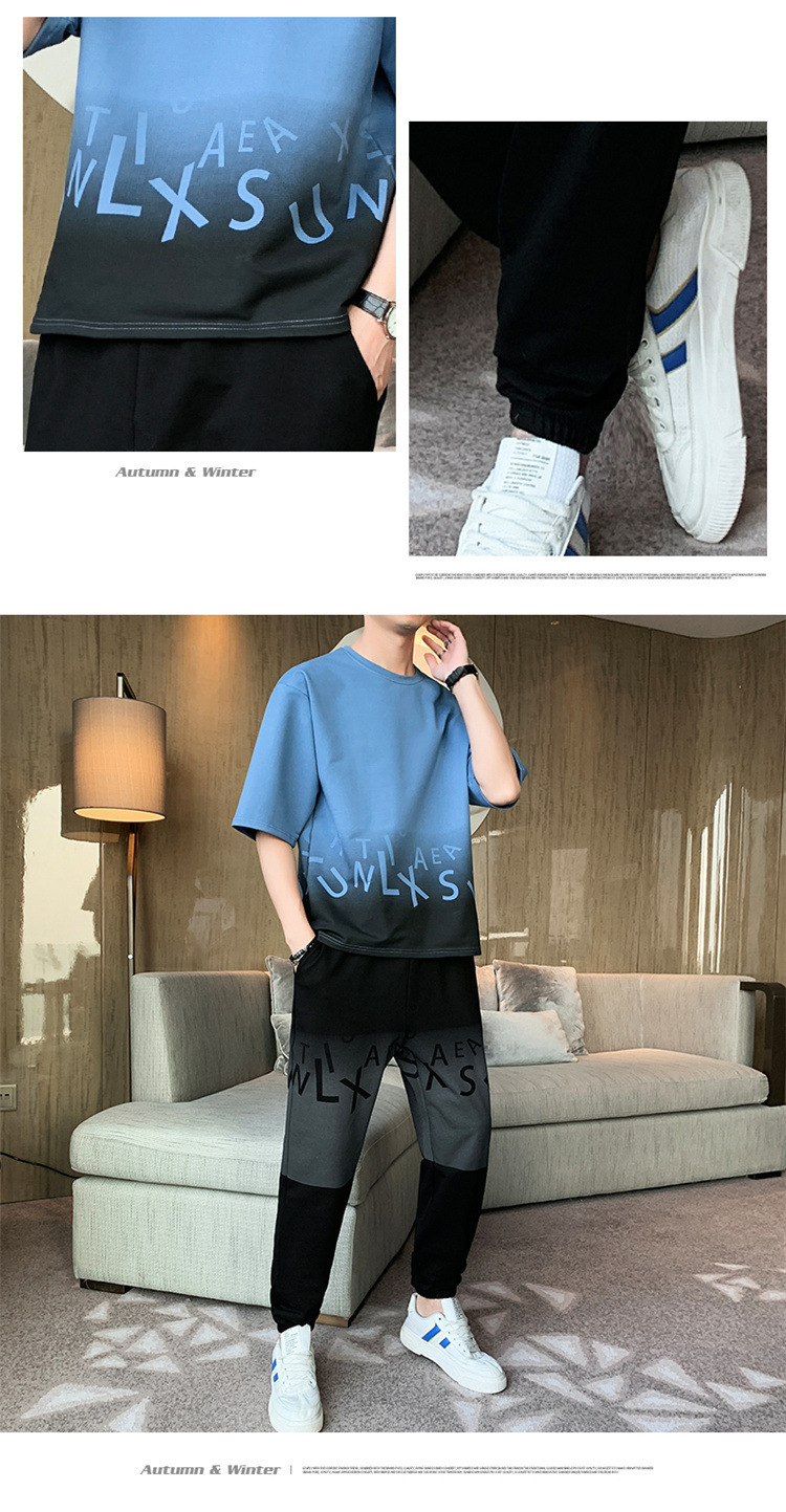 Men's Gradient Color Short Sleeve T-Shirt And Shorts Set Casual Summer Streetwear Hong Kong Style Outfit_viptrois.com